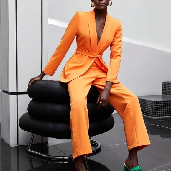 . Jackets & Blazers - Orange Preppy Womens Solid Belted Blazer & Pants Set